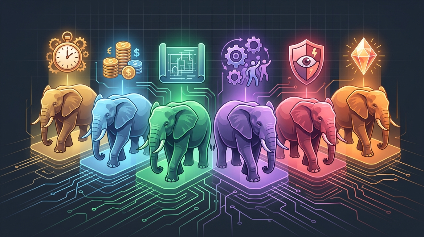 Abstract illustration showing six elephants representing Time, Cost, Scope, Resources, Risk, and Quality in balance.