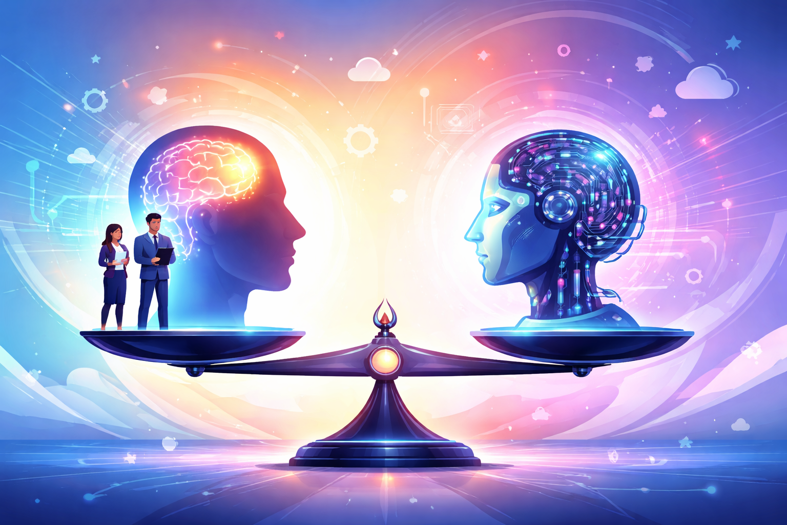 Abstract illustration of human judgment and AI capability in balance.