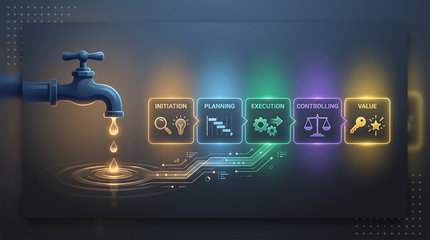 Abstract illustration showing a leaking faucet transforming into project lifecycle stages.