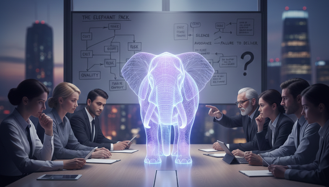 Abstract illustration symbolizing the elephant in the room within complex delivery environments.