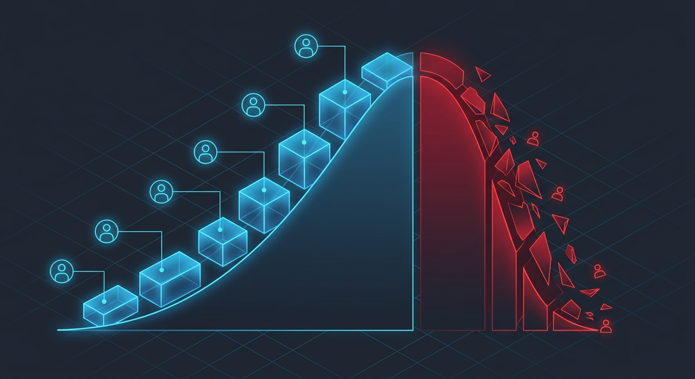 Abstract illustration representing the trust curve as a gradual climb and steep fall.